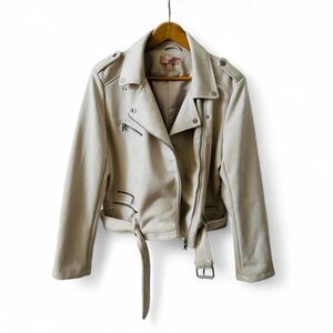 Philosophy Cream Faux Leather Suede Moto Jacket Asymmetrical Zipper Belt Size L